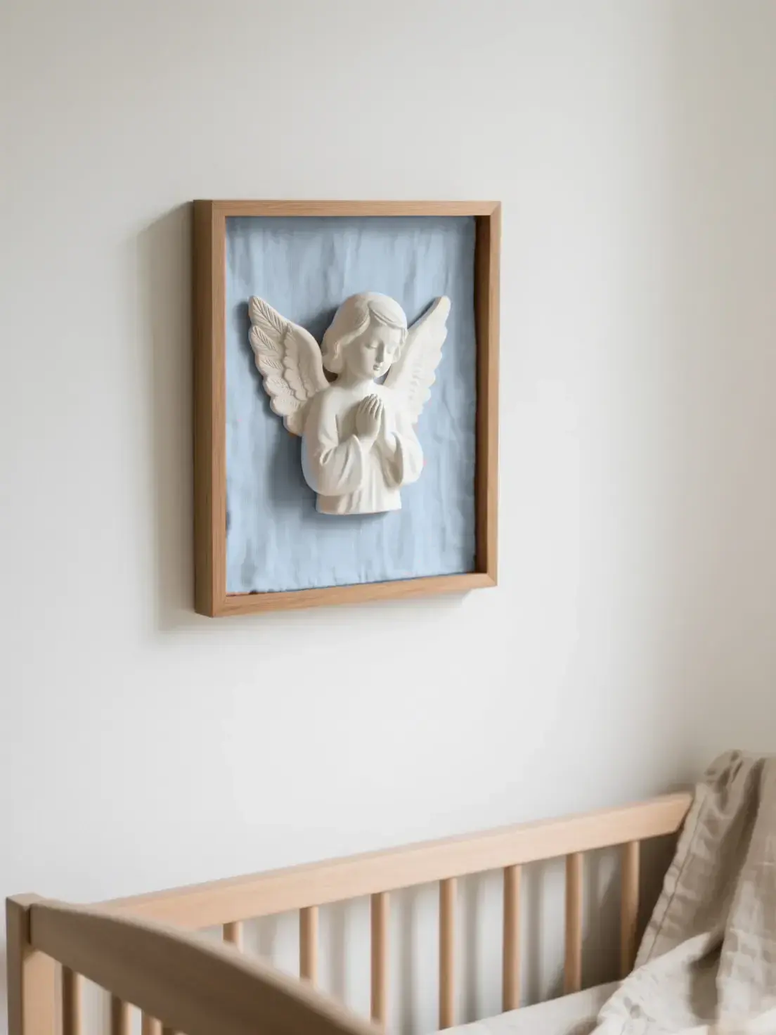Relieve del Ángel de la Guarda en escayola blanca sobre tela azul novena, enmarcado y colgado sobre una cuna de madera