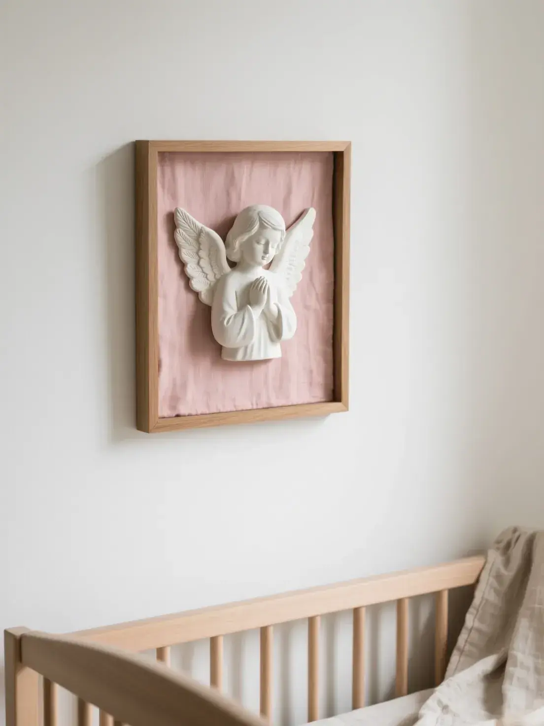 Relieve del Ángel de la Guarda en escayola blanca sobre tela rosa palo, enmarcado y colgado sobre una cuna de madera