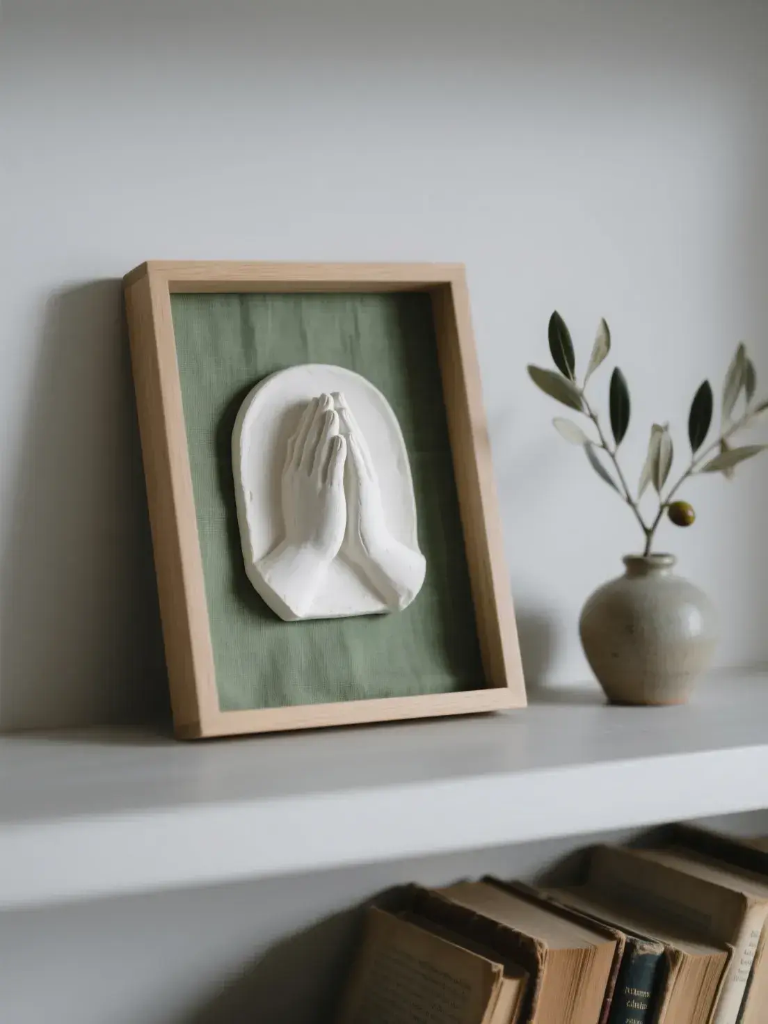 Relieve de manos orantes en escayola blanca, montado sobre tela verde salvia en un marco de madera clara, apoyado en una estantería junto a una rama de olivo