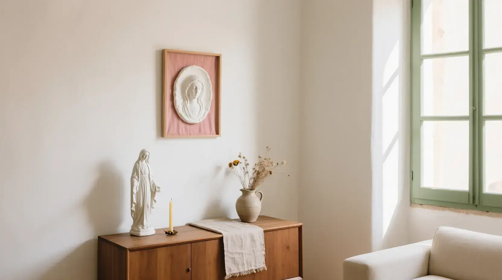 Rincón de un salón encalado: un relieve sobre tela rosa colgado en la pared y una figura de escayola blanca sobre un aparador de madera, con luz de tarde