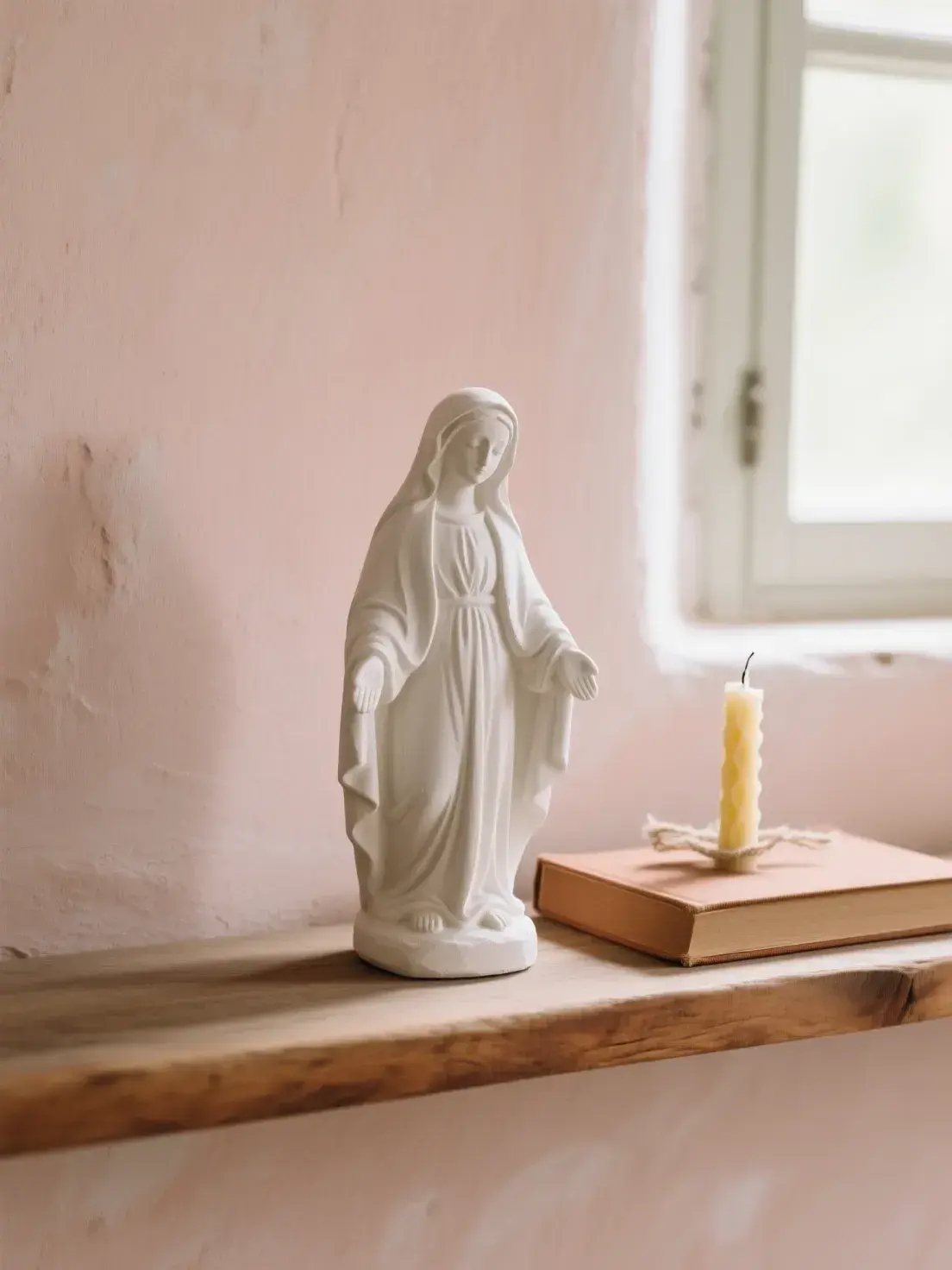 Figura de la Virgen en escayola blanca sobre una balda de madera, junto a un libro y una vela, contra una pared rosa encalada